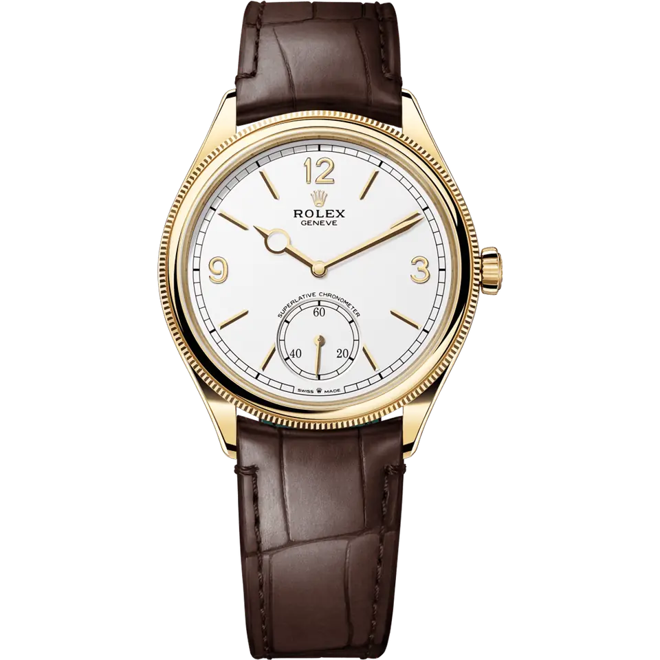 Rolex Perpetual 1908 52508 in yellow gold with a white dial, small seconds and a domed fluted bezel on a brown leather strap, front view