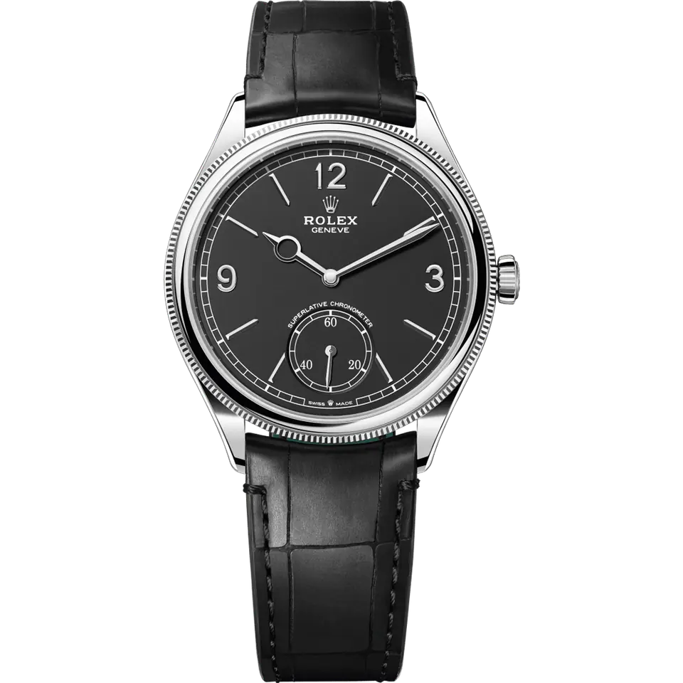 Rolex Perpetual 1908 52509 with a black dial with small seconds and a fluted white gold bezel on a black alligator strap, front view
