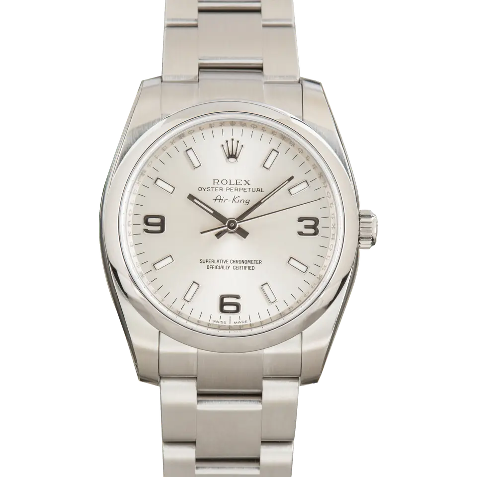 Rolex Air-King 114200 with a silver dial with 3, 6 and 9 numerals and smooth steel bezel on an Oyster bracelet, a pre-owned example, front view of the whole watch