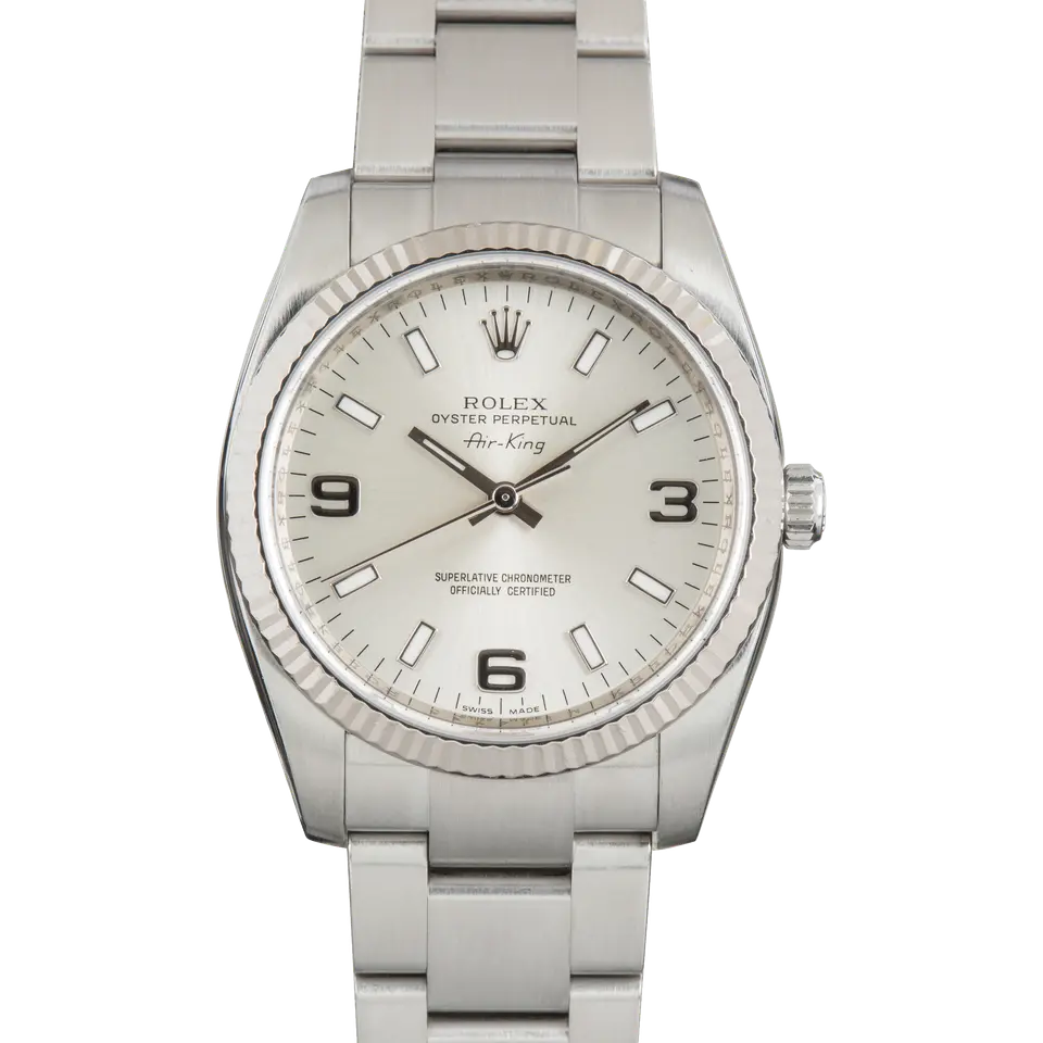 Rolex Air-King 114234 with a silver dial with 3, 6 and 9 numerals and fluted white gold bezel on a steel Oyster bracelet, a pre-owned example, front view of the whole watch