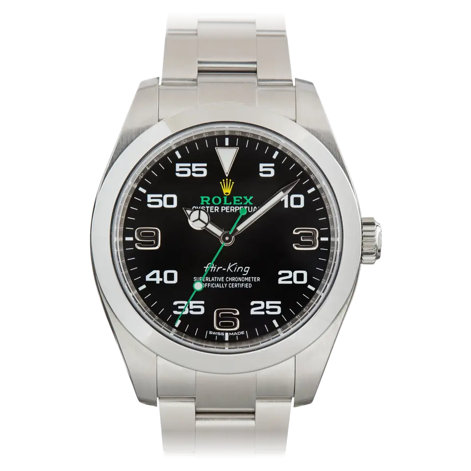 Rolex Air-King 116900 with a black dial with 3, 6 and 9 numerals and minute scale on a steel Oyster bracelet, a pre-owned example, front view of the whole watch