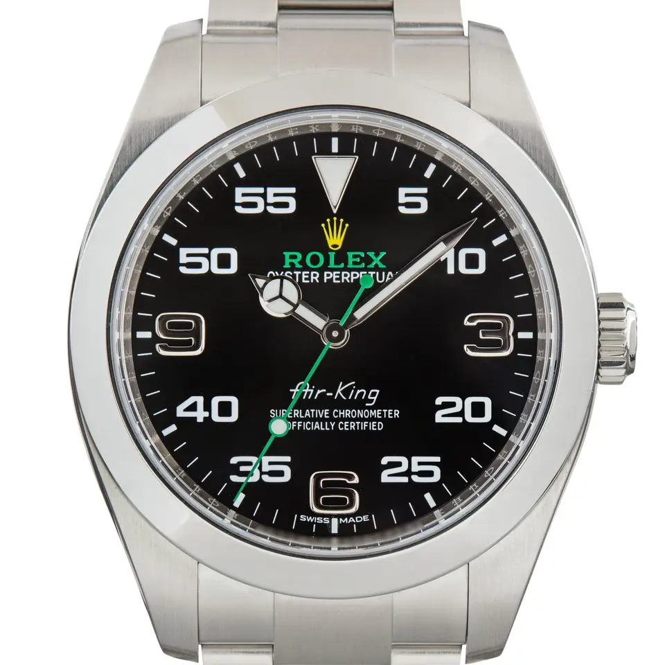 Rolex Air-King 116900 with a black dial with 3, 6 and 9 numerals and minute scale on a steel Oyster bracelet, a pre-owned example, studio close-up of the case