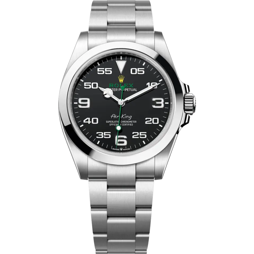 Rolex Air-King 126900 with a black dial with large 3, 6 and 9 numerals and a minute scale on a steel Oyster bracelet, front view