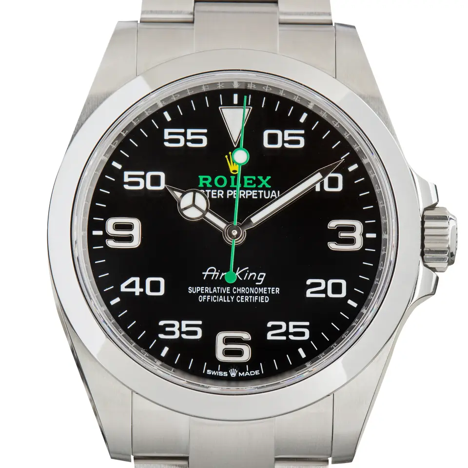 Rolex Air-King 126900 with a black dial with large 3, 6 and 9 numerals and a minute scale, a pre-owned example, studio close-up of the case
