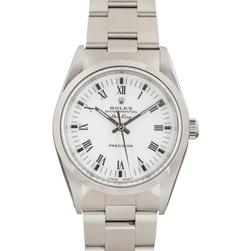 Rolex Air-King 14000 with a white dial with Roman numerals and smooth steel bezel on an Oyster bracelet, a pre-owned example, front view of the whole watch