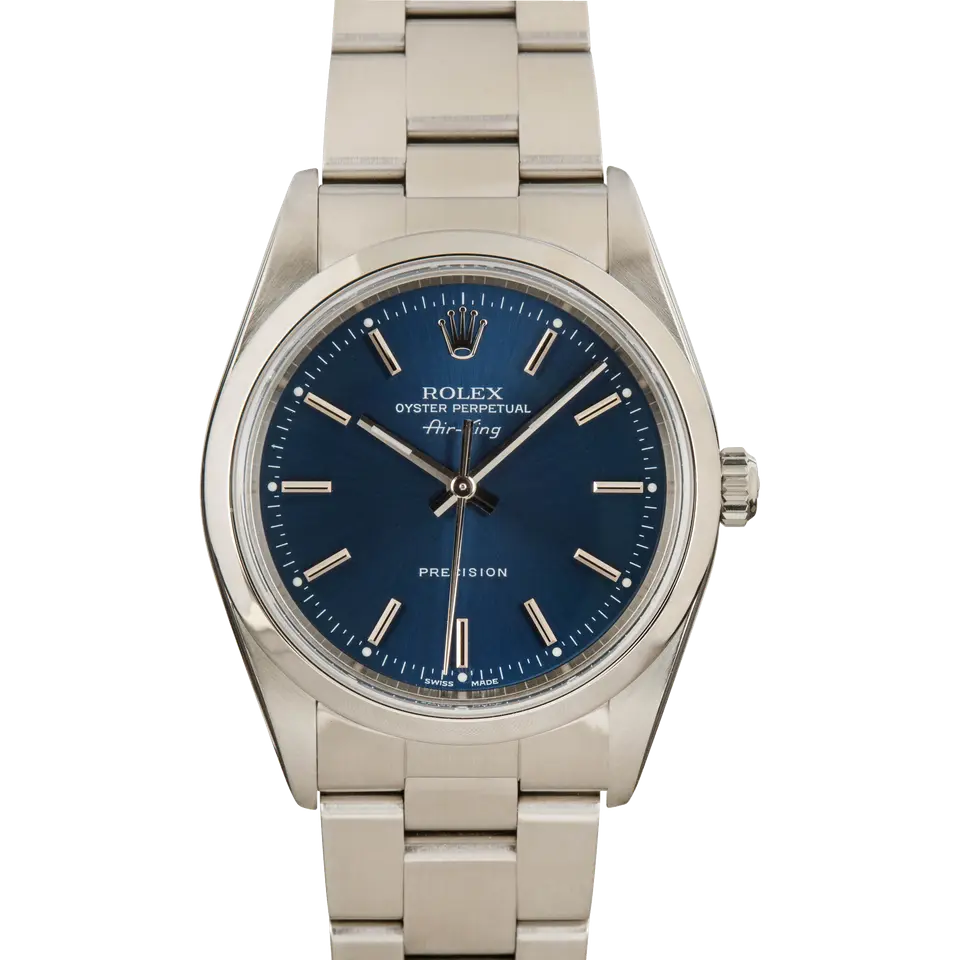 Rolex Air-King 14000M with a blue dial and smooth steel bezel on an Oyster bracelet, a pre-owned example, front view of the whole watch