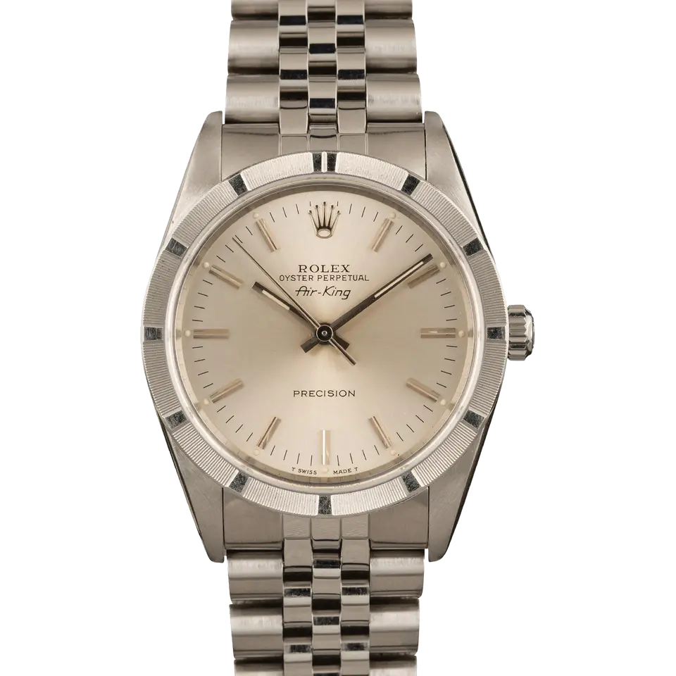 Rolex Air-King 14010 with a silver dial and engine-turned steel bezel on a Jubilee bracelet, a pre-owned example, front view of the whole watch