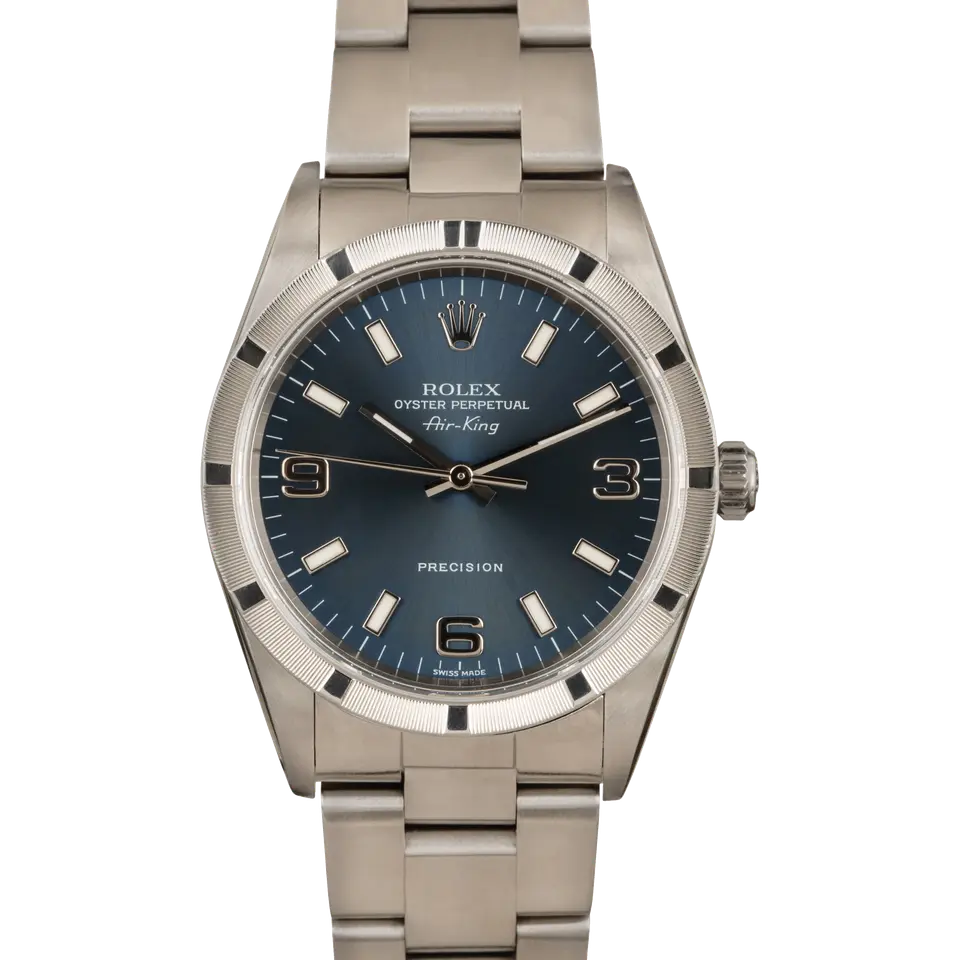 Rolex Air-King 14010M with a blue dial with 3, 6 and 9 numerals and engine-turned steel bezel on an Oyster bracelet, a pre-owned example, front view of the whole watch
