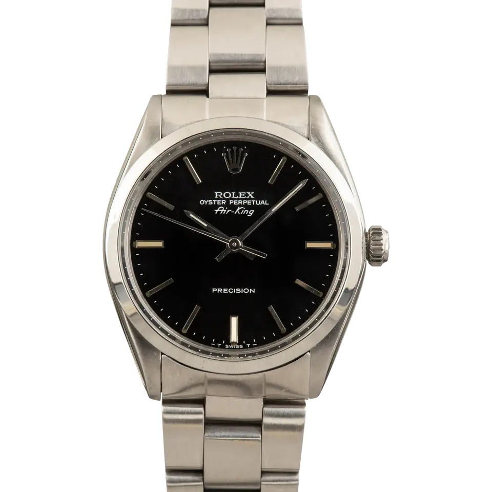 Rolex Air-King 5500 with a black dial and steel bezel on an Oyster bracelet, a pre-owned example, front view of the whole watch