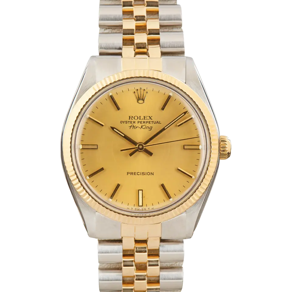 Rolex Air-King 5501 with a champagne Air-King Precision dial, fluted yellow gold bezel and steel and gold Jubilee bracelet, a pre-owned example, front view of the whole watch