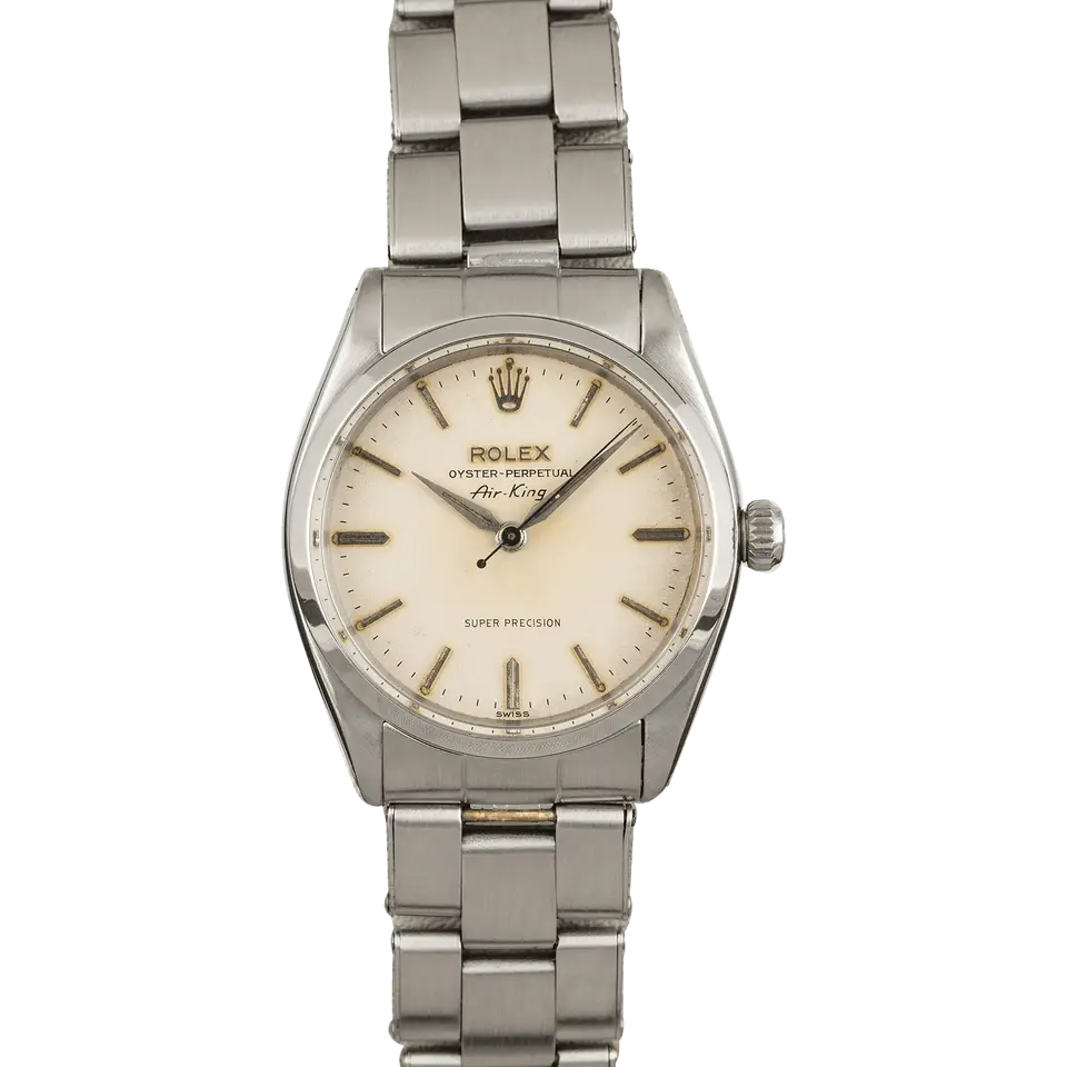Rolex Air-King 6552 with a silver dial and smooth steel bezel on an Oyster bracelet, a pre-owned example, front view of the whole watch