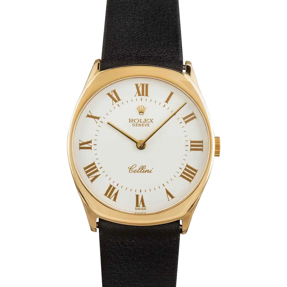 Rolex Cellini 4133 with a white Roman-numeral dial, yellow gold cushion case on a black leather strap, a pre-owned example, front view of the whole watch