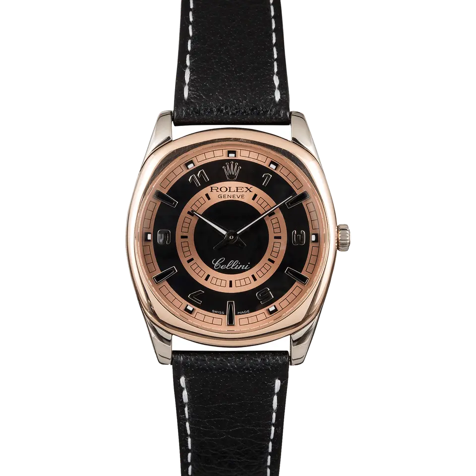 Rolex Cellini Danaos 4243 with a salmon and black dial in a cushion-shaped white and rose gold case on a black leather strap, a pre-owned example, front view of the whole watch