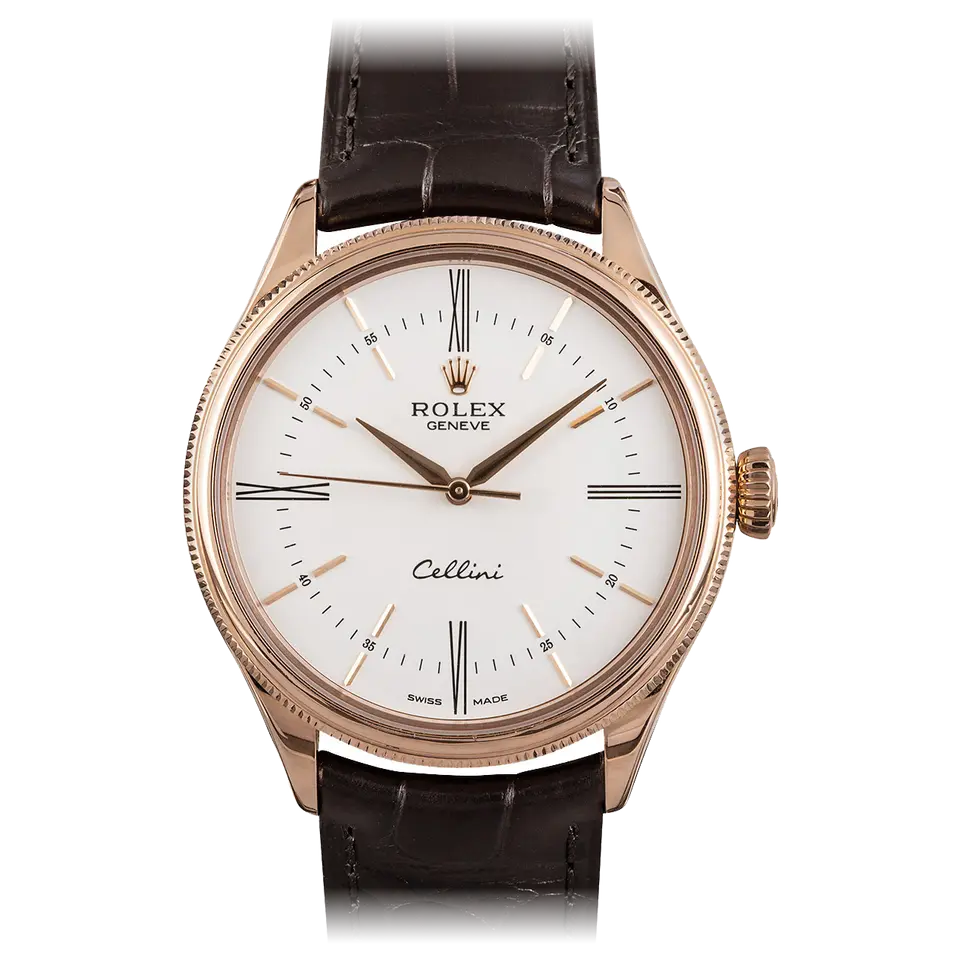 Rolex Cellini Time 50505 with a white dial and fluted Everose bezel on a brown leather strap, a pre-owned example, front view of the whole watch