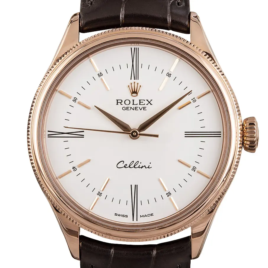 Rolex Cellini Time 50505 with a white dial and fluted Everose bezel on a brown leather strap, a pre-owned example, studio close-up of the case