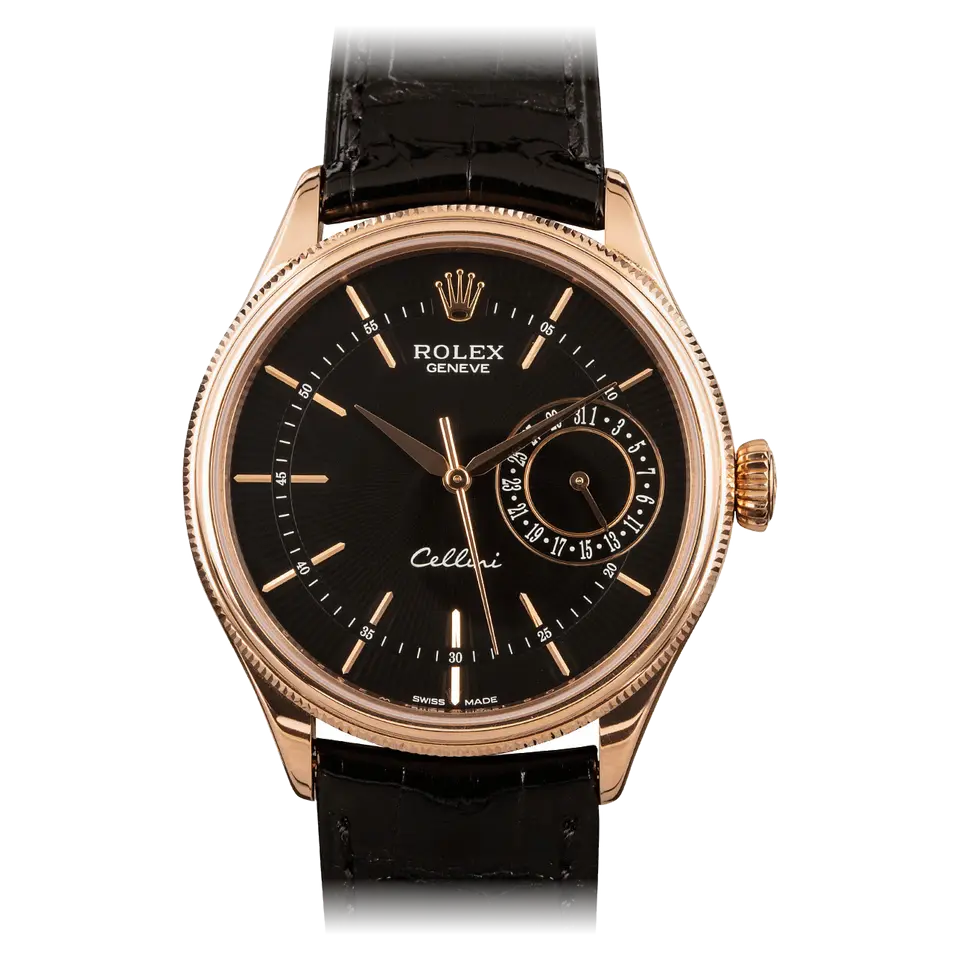 Rolex Cellini Date 50515 with a black guilloché dial with date sub-dial and fluted Everose bezel on a black leather strap, a pre-owned example, front view of the whole watch