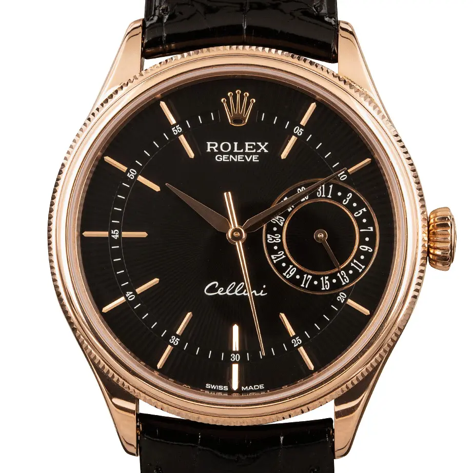 Rolex Cellini Date 50515 with a black guilloché dial with date sub-dial and fluted Everose bezel on a black leather strap, a pre-owned example, studio close-up of the case