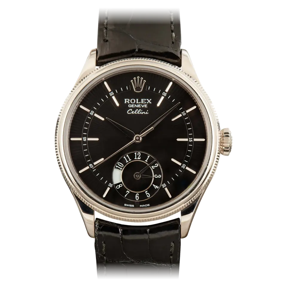 Rolex Cellini Dual Time 50529 with a black dial with second time zone sub-dial and fluted white gold bezel on a black leather strap, a pre-owned example, front view of the whole watch