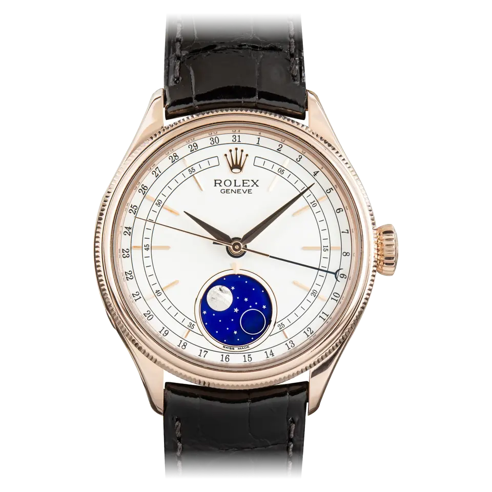 Rolex Cellini Moonphase 50535 with a white dial with moonphase and pointer date and fluted Everose bezel on a black leather strap, a pre-owned example, front view of the whole watch