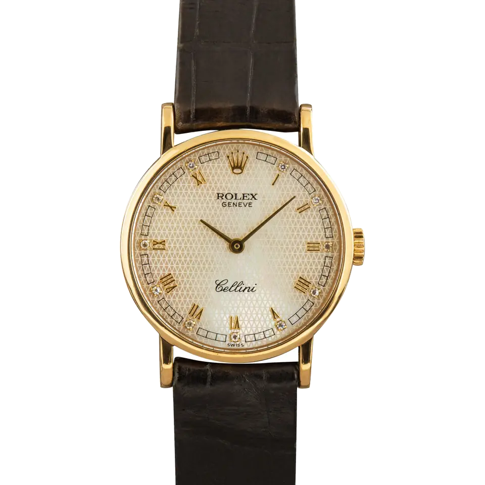 Rolex Cellini 5109 with a silver guilloché Roman-numeral dial, round yellow gold case on a black leather strap, a pre-owned example, front view of the whole watch