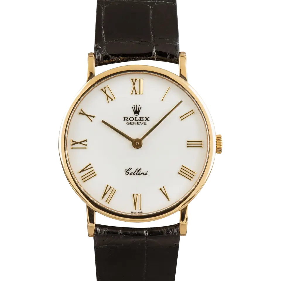 Rolex Cellini 5112 with a white Roman-numeral dial, round yellow gold case on a black leather strap, a pre-owned example, front view of the whole watch