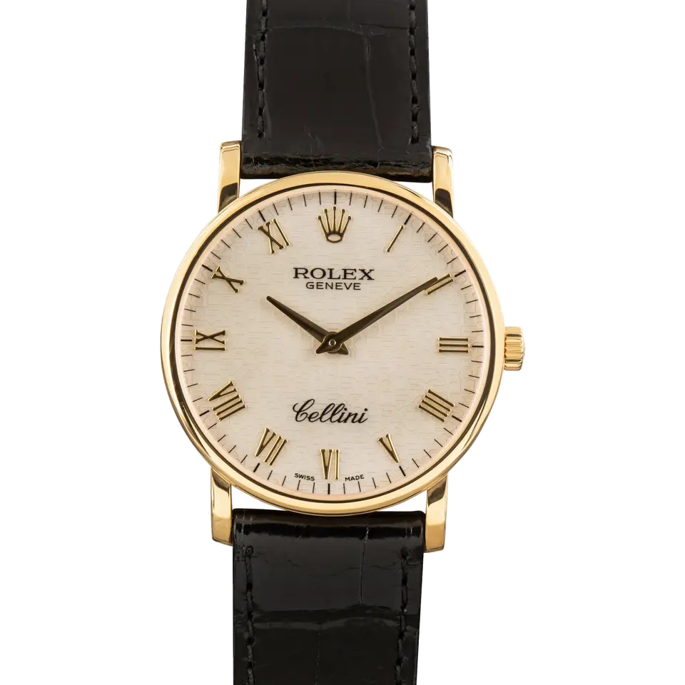 Rolex Cellini 5115 with a silver Roman-numeral dial, round yellow gold case on a black leather strap, a pre-owned example, front view of the whole watch