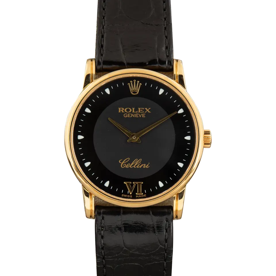 Rolex Cellini 5116 with a black dial with Roman numerals, round yellow gold case on a black leather strap, a pre-owned example, front view of the whole watch