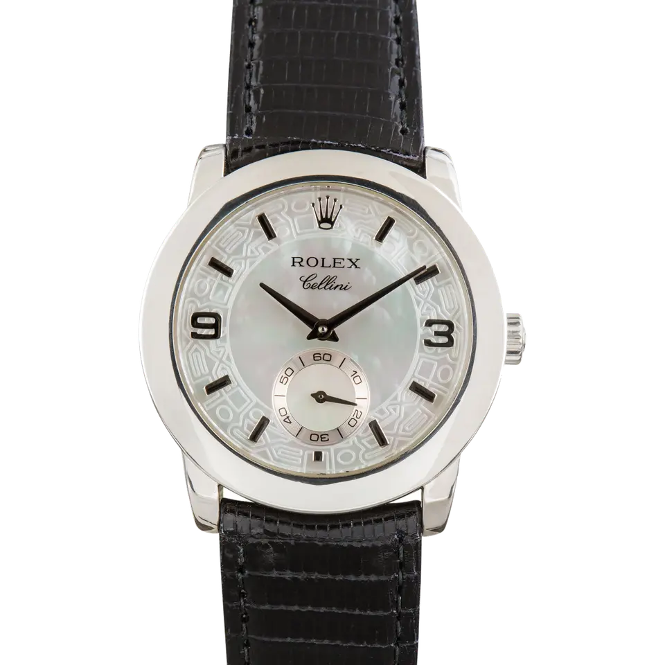 Rolex Cellini 5240 with a mother-of-pearl dial with small seconds, round platinum case on a black leather strap, a pre-owned example, front view of the whole watch