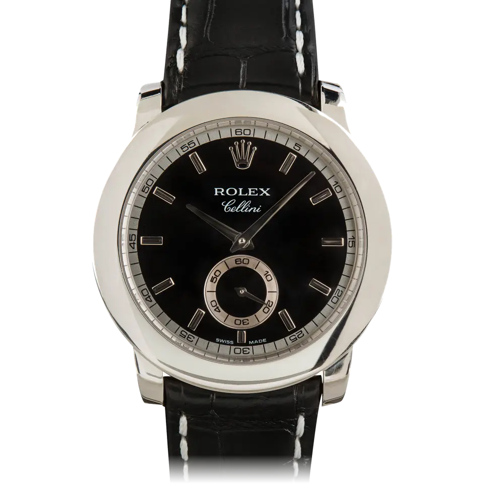 Rolex Cellini 5241 with a black dial with small seconds, round platinum case on a black leather strap, a pre-owned example, front view of the whole watch