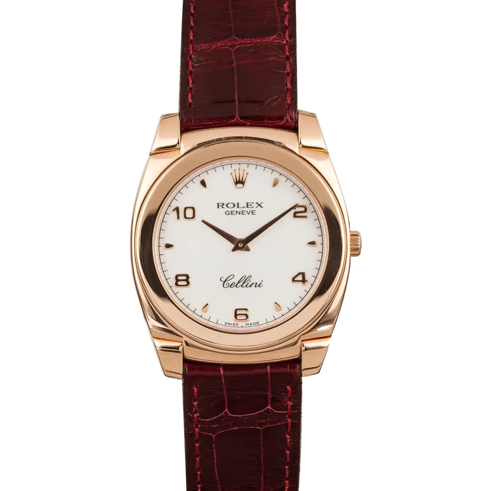 Rolex Cellini Cestello 5330 with a white Arabic-numeral dial, Everose gold cushion case on a burgundy leather strap, a pre-owned example, front view of the whole watch
