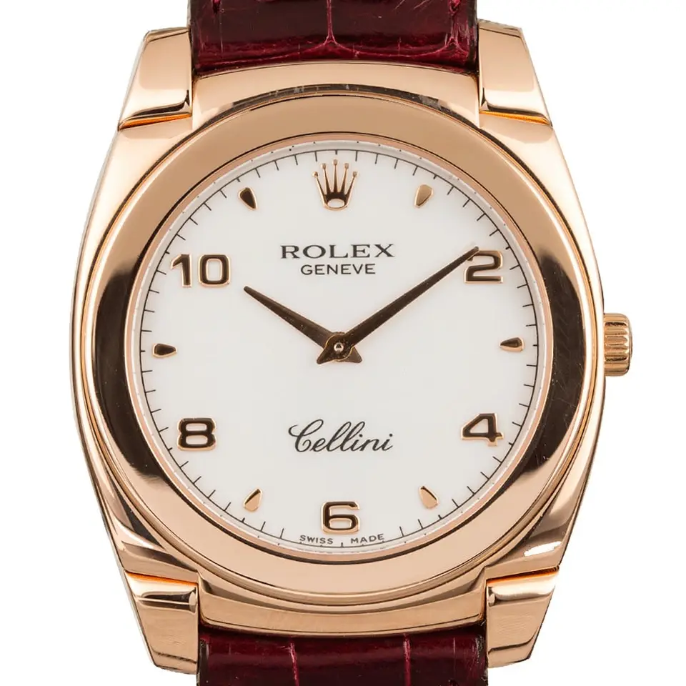 Rolex Cellini Cestello 5330 with a white Arabic-numeral dial, Everose gold cushion case on a burgundy leather strap, a pre-owned example, studio close-up of the case