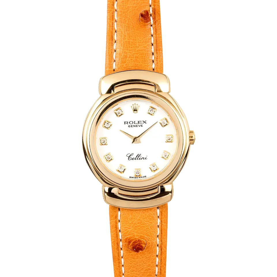 Rolex Cellini 6621 with a white dial with diamond hour markers, yellow gold Cellinium case on a tan leather strap, a pre-owned example, front view of the whole watch