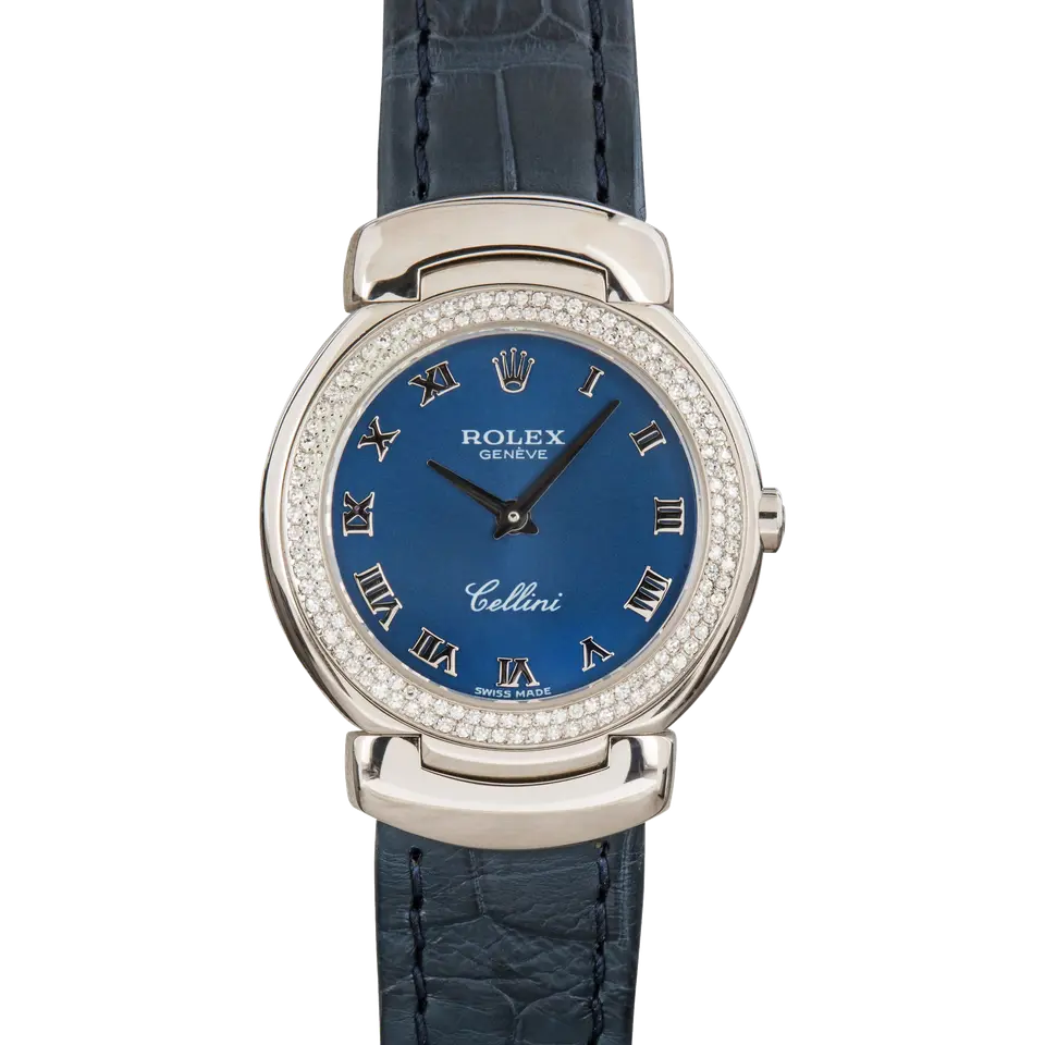 Rolex Cellini 6671 with a blue Roman-numeral dial, diamond-set white gold Cellinium case and white gold bracelet, a pre-owned example, front view of the whole watch