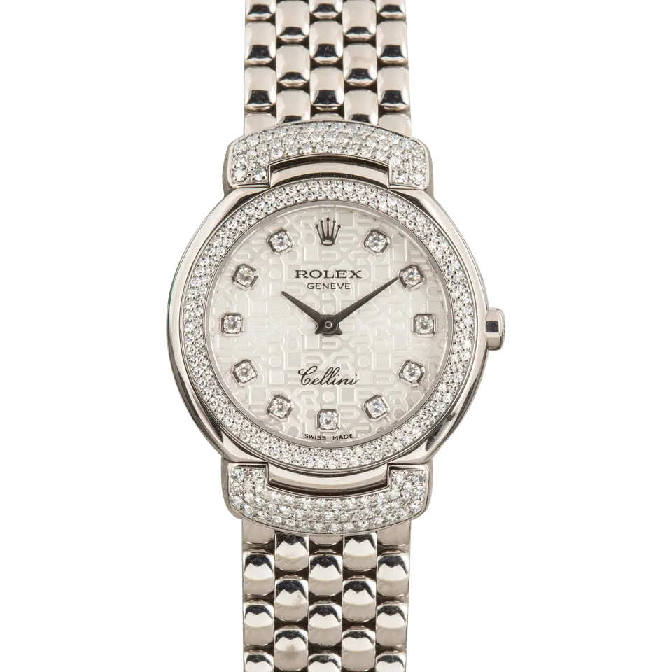 Rolex Cellini 6673 with a silver Jubilee dial with diamond hour markers, diamond-set white gold Cellinium case and white gold bracelet, a pre-owned example, front view of the whole watch
