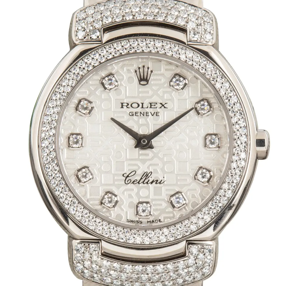 Rolex Cellini 6673 with a silver Jubilee dial with diamond hour markers, diamond-set white gold Cellinium case and white gold bracelet, a pre-owned example, studio close-up of the case