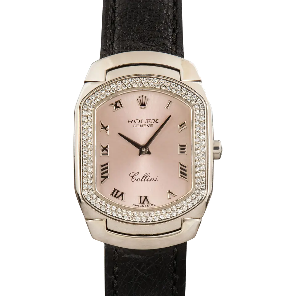 Rolex Cellini 6691 with a pink Roman-numeral dial, diamond-set white gold cushion case and white gold bracelet, a pre-owned example, front view of the whole watch