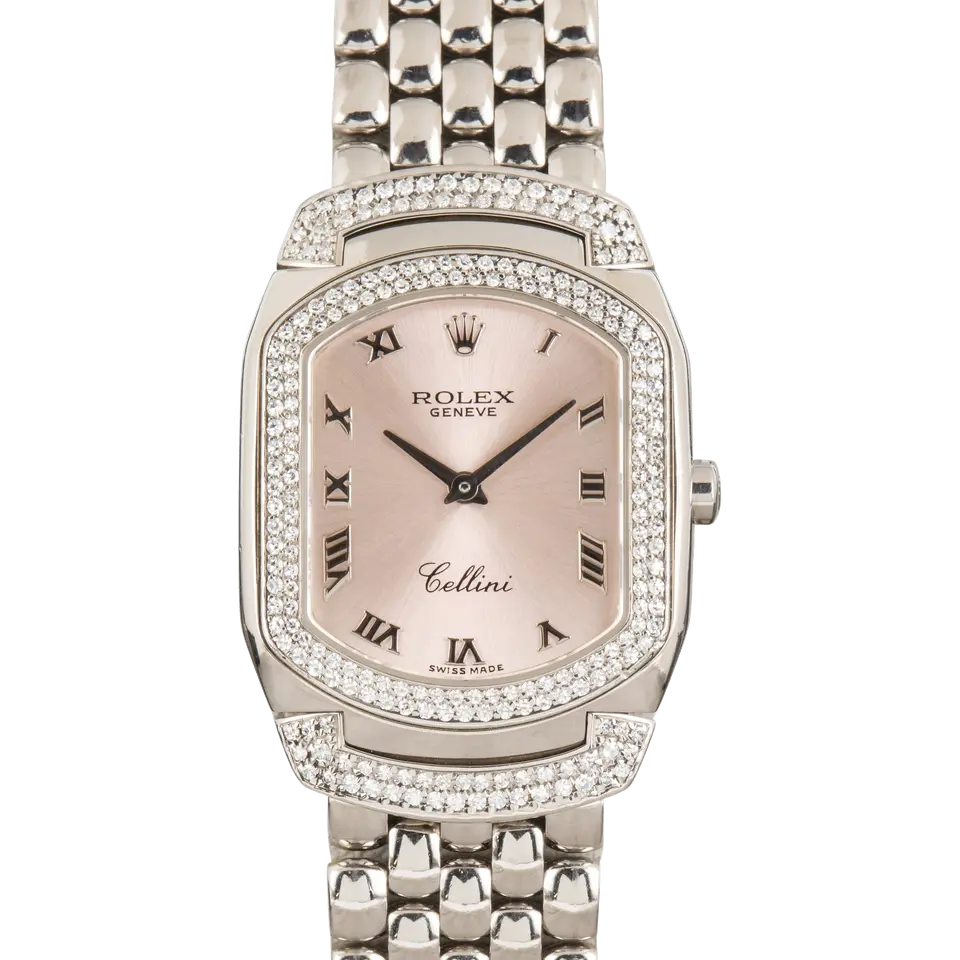Rolex Cellini 6693 with a pink Roman-numeral dial, diamond-set white gold cushion case and white gold bracelet, a pre-owned example, front view of the whole watch