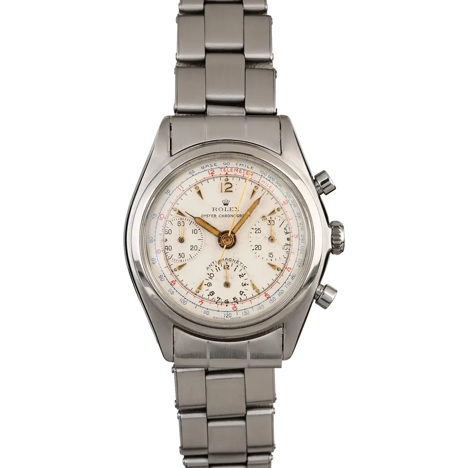 Rolex Chronograph 6034 with a white chronograph dial with tachymeter scale, steel case and steel Oyster bracelet, a pre-owned example, front view of the whole watch