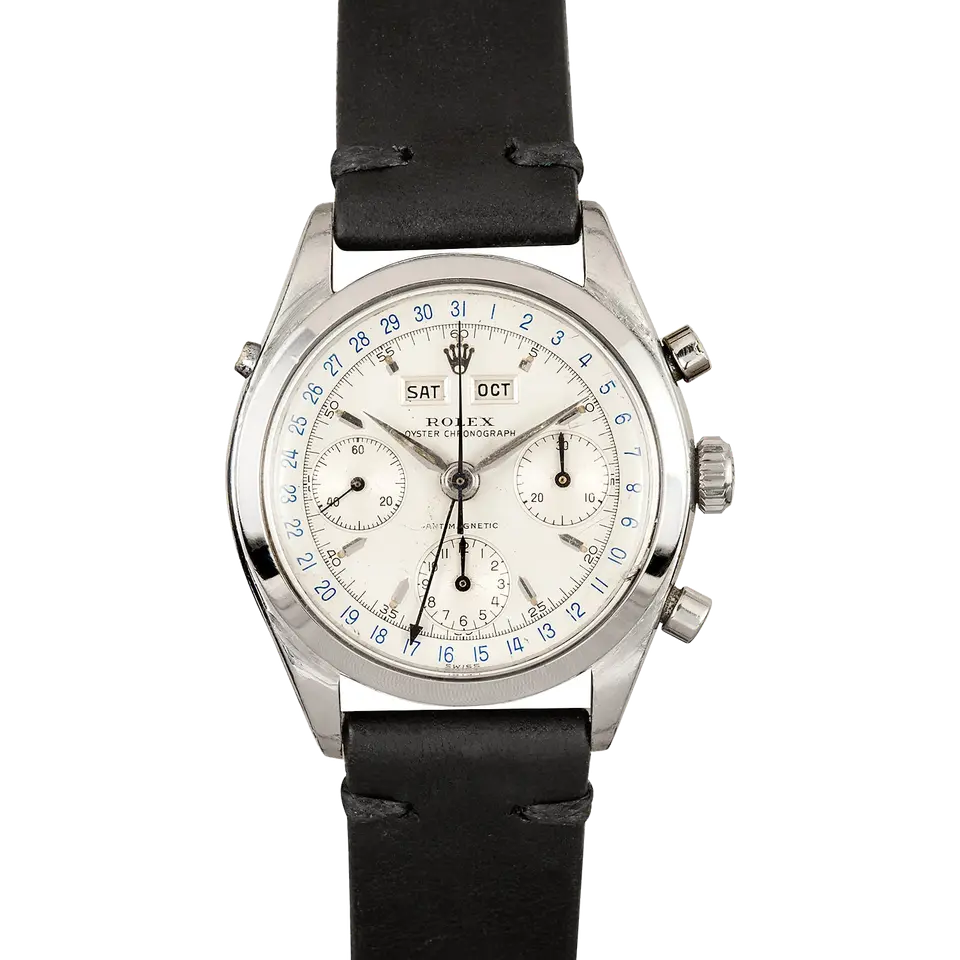 Rolex Chronograph 6036 with a white triple-calendar chronograph dial with day and month windows, steel case on a black leather strap, a pre-owned example, front view of the whole watch