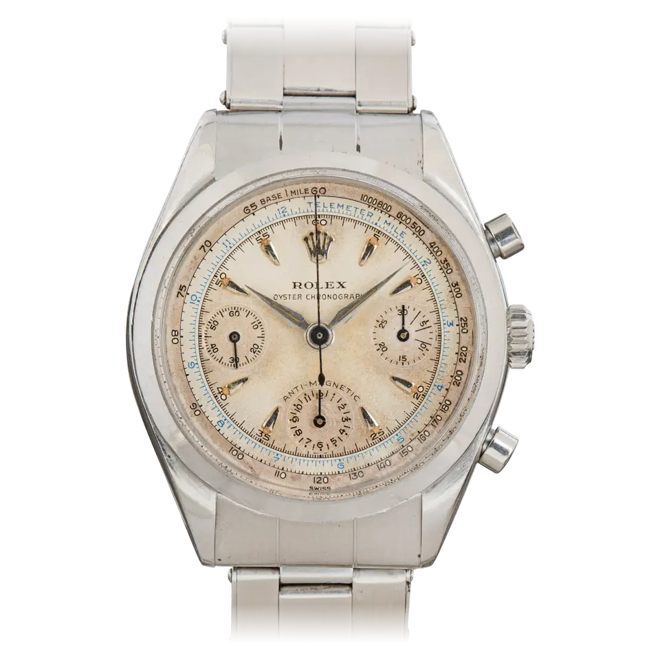Rolex Chronograph 6234 with a cream chronograph dial with tachymeter scale, steel case and steel Oyster bracelet, a pre-owned example, front view of the whole watch