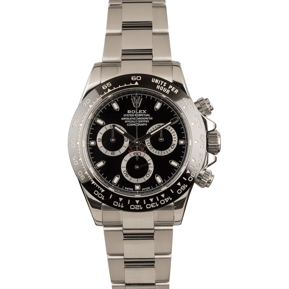 Rolex Cosmograph Daytona 116500LN with a black dial and black ceramic tachymeter bezel on a steel Oyster bracelet, a pre-owned example, front view of the whole watch
