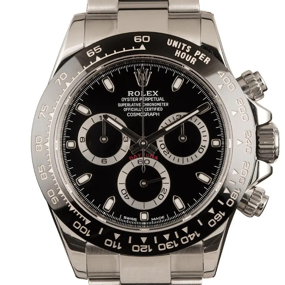 Rolex Cosmograph Daytona 116500LN with a black dial and black ceramic tachymeter bezel on a steel Oyster bracelet, a pre-owned example, studio close-up of the case