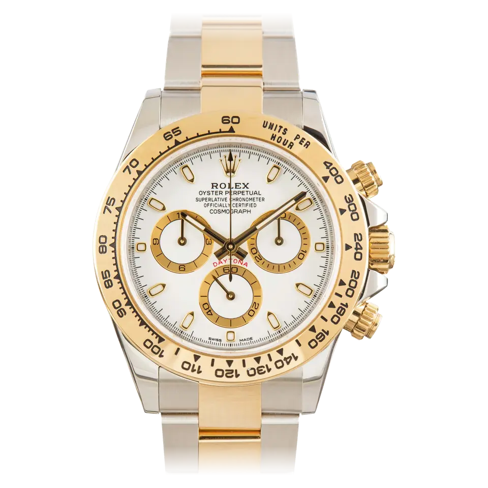 Rolex Cosmograph Daytona 116503 with a white dial with gold-ringed sub-dials in steel and yellow gold on an Oyster bracelet, a pre-owned example, front view of the whole watch