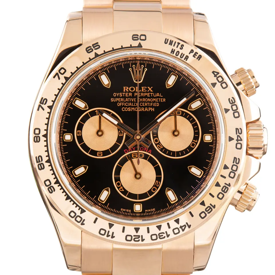 Rolex Cosmograph Daytona 116505 with a black dial with pink sub-dials in Everose gold on an Oyster bracelet, a pre-owned example, studio close-up of the case