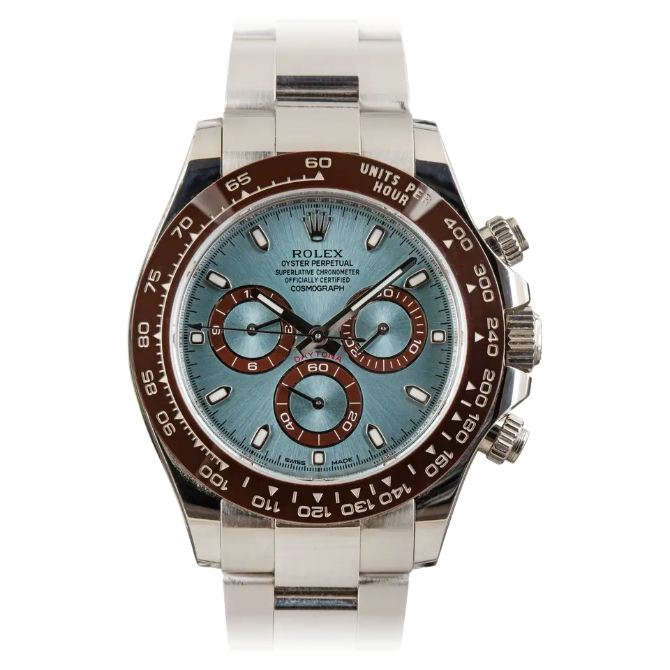 Rolex Cosmograph Daytona 116506 with an ice blue dial and brown ceramic bezel in platinum on an Oyster bracelet, a pre-owned example, front view of the whole watch