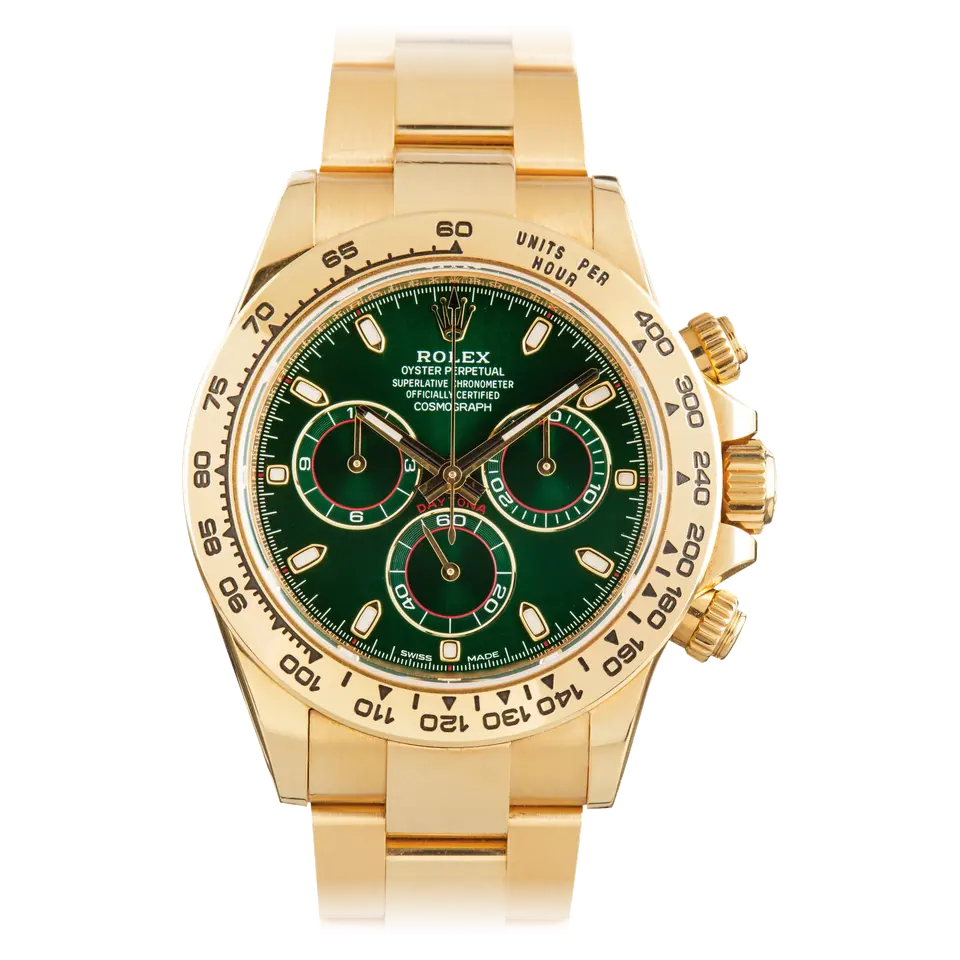 Rolex Cosmograph Daytona 116508 with a green dial with gold tachymeter bezel in yellow gold on an Oyster bracelet, a pre-owned example, front view of the whole watch