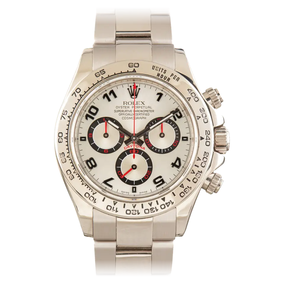 Rolex Cosmograph Daytona 116509 with a white dial with Arabic numerals and red-accented sub-dials in white gold on an Oyster bracelet, a pre-owned example, front view of the whole watch