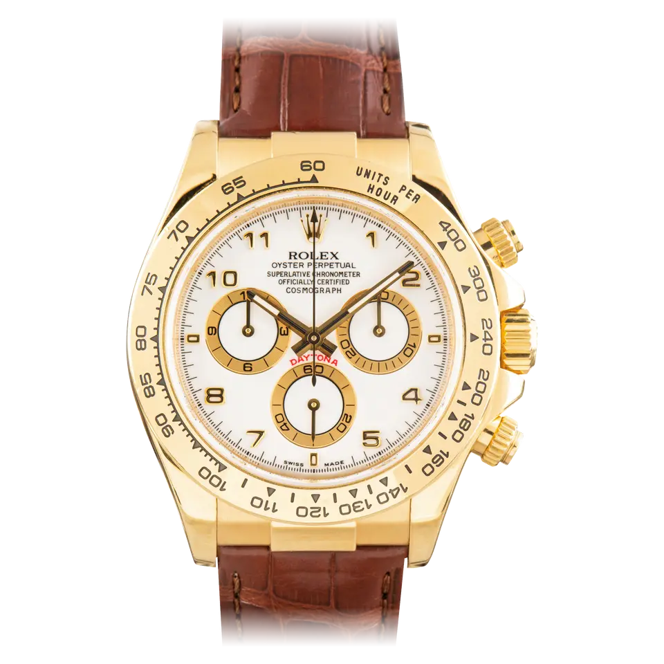 Rolex Cosmograph Daytona 116518 with a white dial with Arabic numerals and gold tachymeter bezel in yellow gold on a brown leather strap, a pre-owned example, front view of the whole watch
