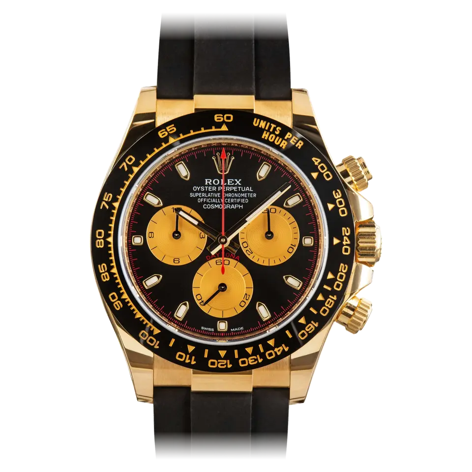 Rolex Cosmograph Daytona 116518LN with a black dial with golden counters and a black ceramic tachymeter bezel in yellow gold on a black Oysterflex strap, a pre-owned example, front view of the whole watch