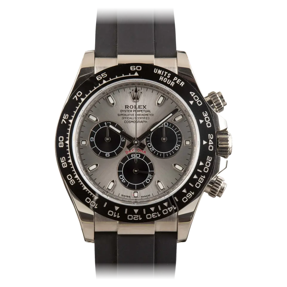 Rolex Cosmograph Daytona 116519 with a steel-grey dial with black sub-dials in white gold on a black Oysterflex strap, a pre-owned example, front view of the whole watch